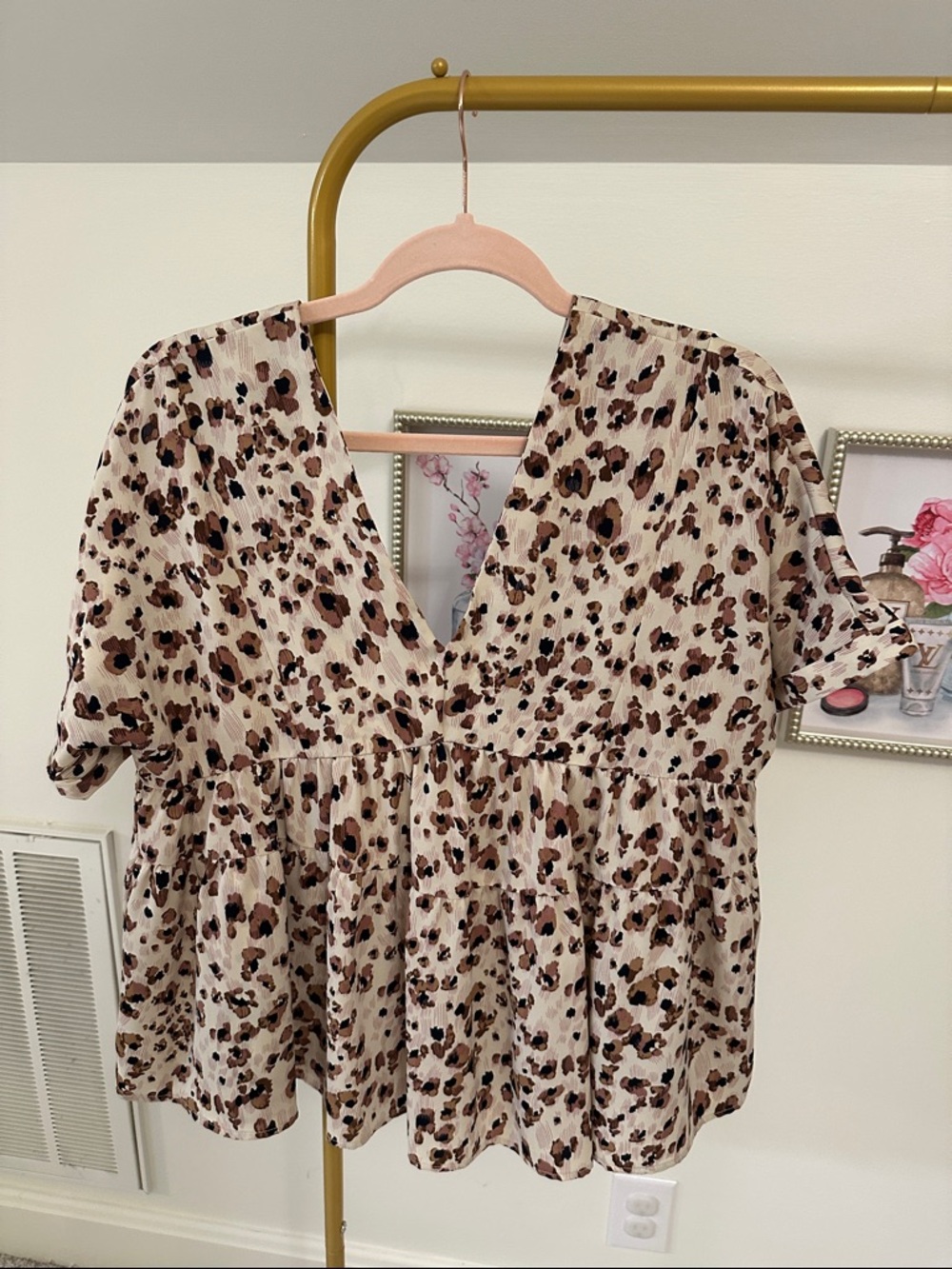entro Beige and Brown Leopard Print V-Neck Peplum Tunic